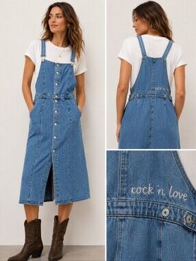 Zara Blue Denim Button-Front Overall Midi Dress